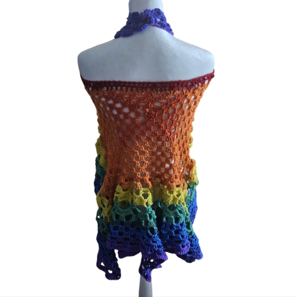 Rainbow Crochet Head Cover Bandana Prayer Wrap OOAK 14-in-1 Handmade Grannycore - Picture 8 of 17